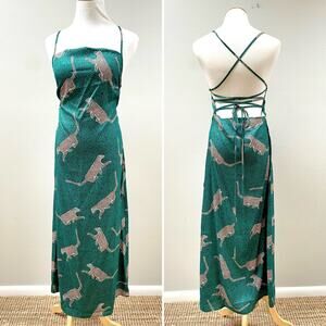 Never Fully Dressed Green Leopard Print Midi Open Back Slip Dress Women's 4 $148